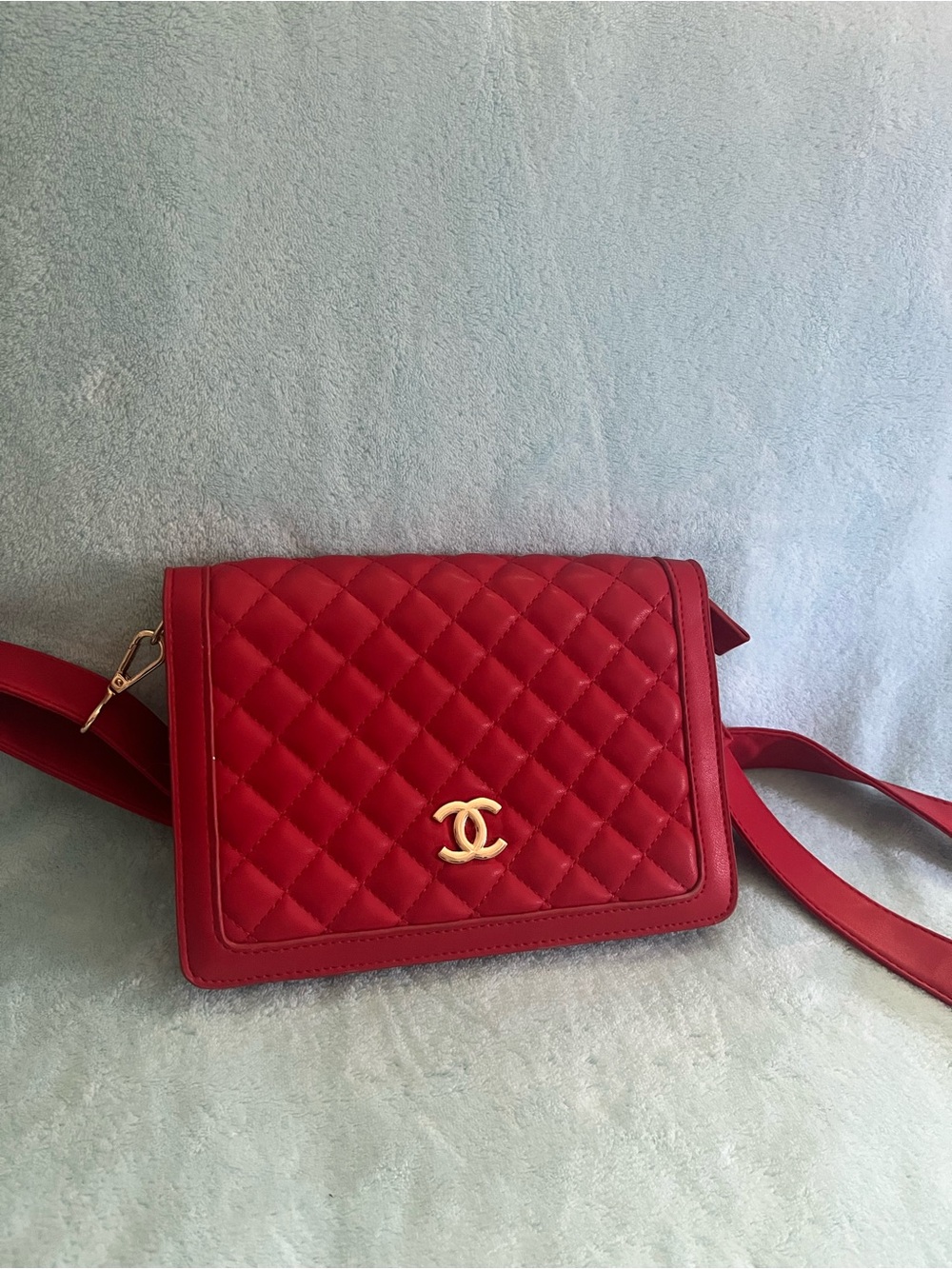 Red Quilted Crossbody with Gold Logo tone Hardware